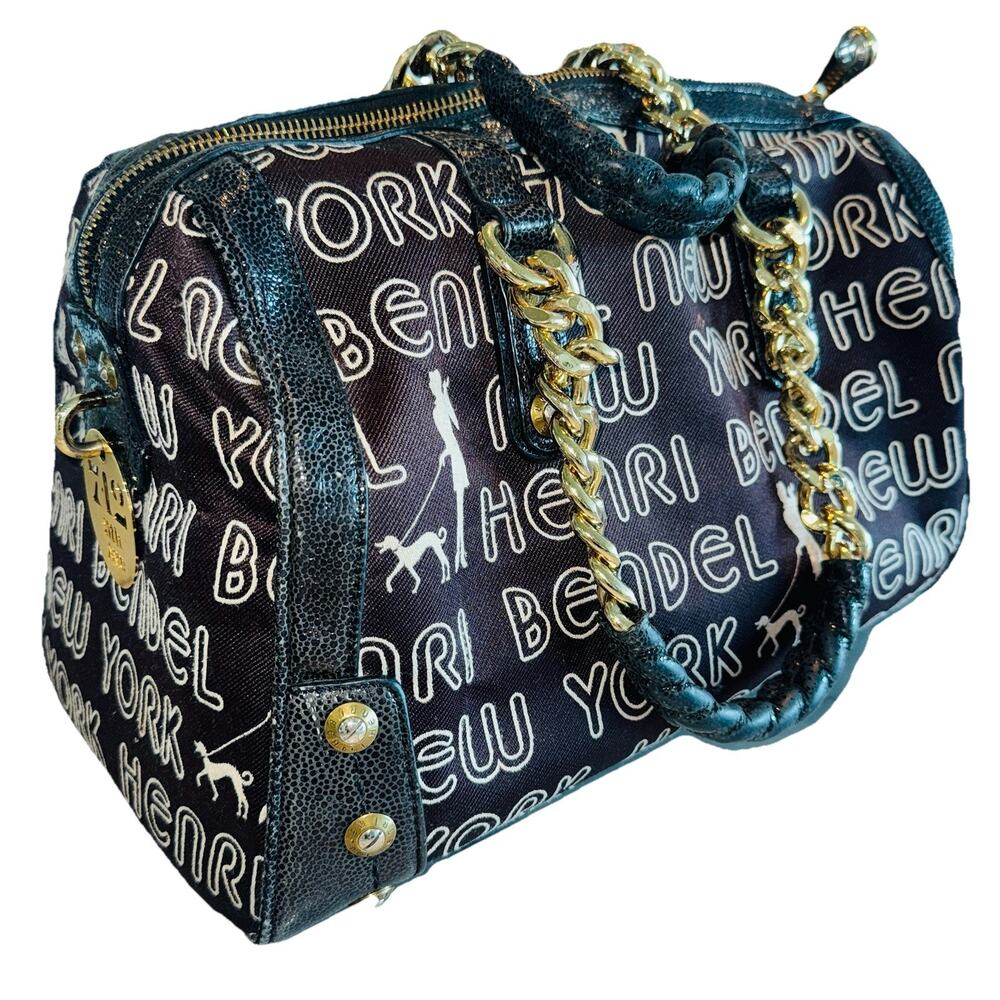 Henri Bendel Signature Brown Logo Speedy Satchel Large Handbag 13"x7x8 Gold